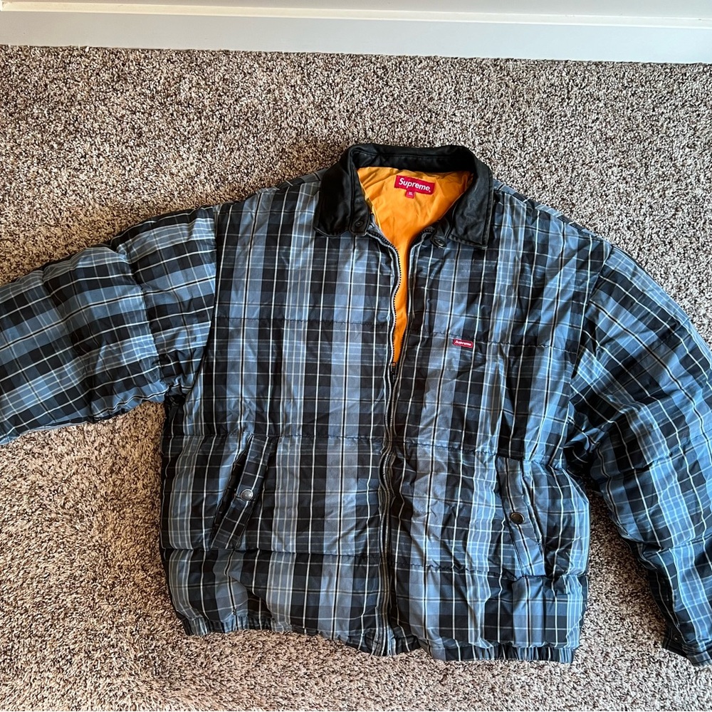 Supreme leather collar unisex check down jacket 19fw - Picture 3 of 12